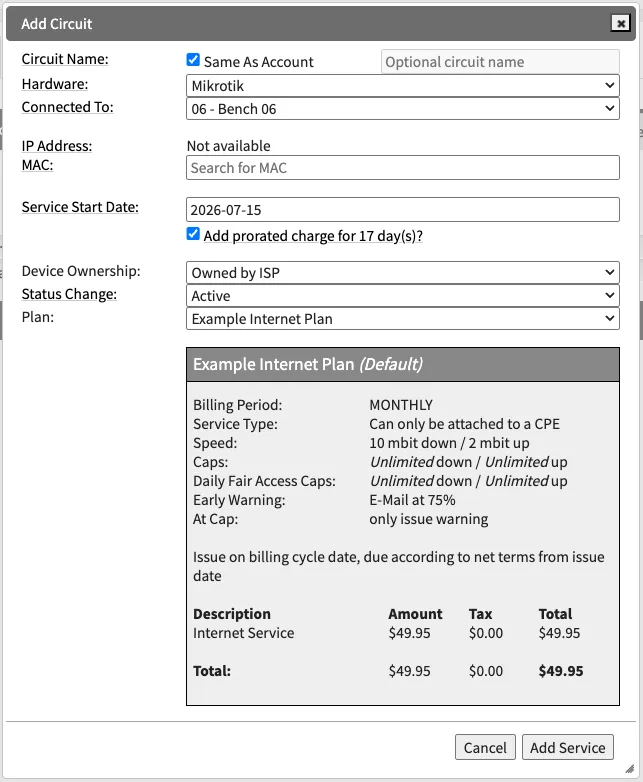 The Add Circuit window with hardware type, connected device, MAC search, service start date, and the selected service plan summary