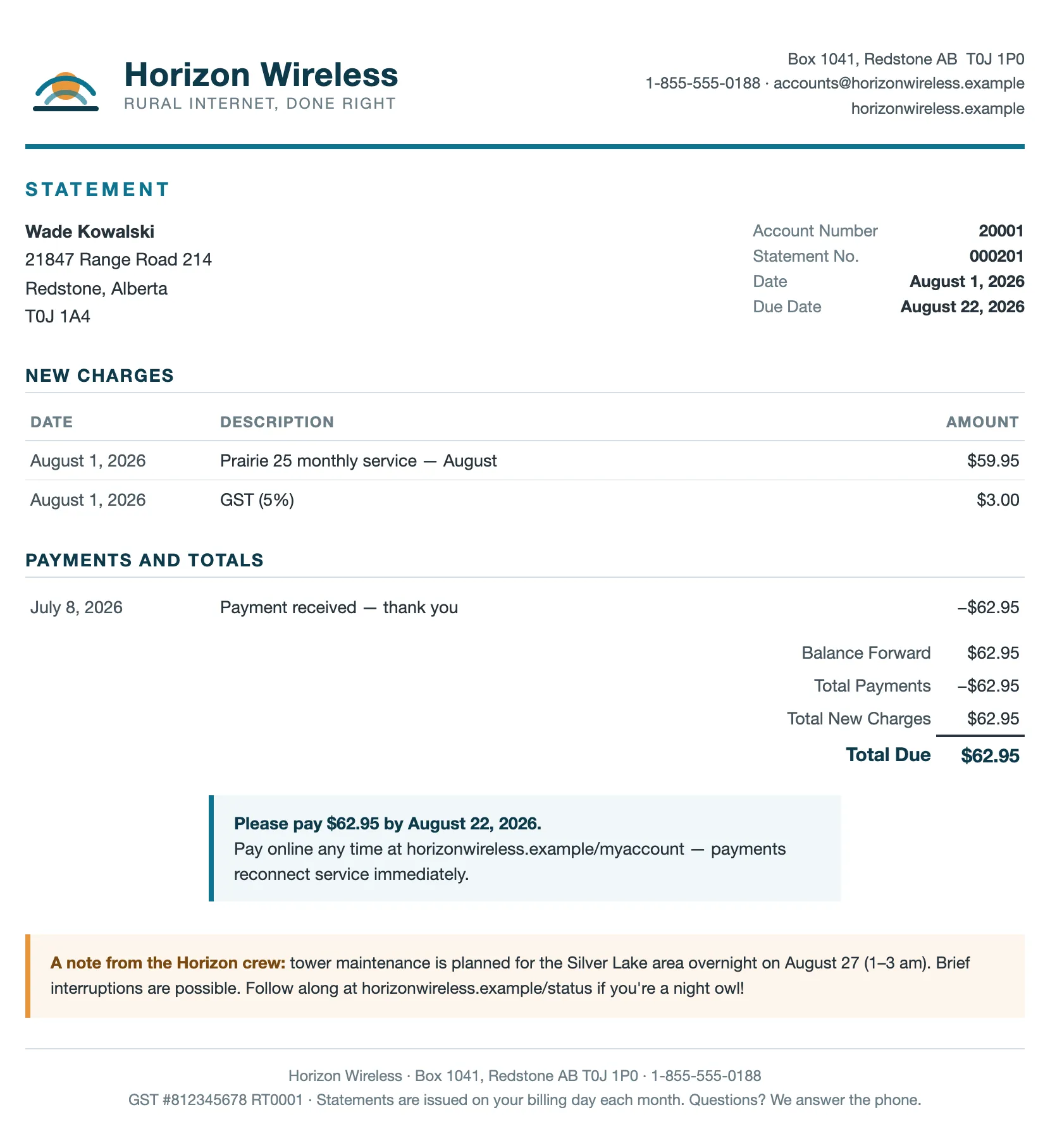 A branded monthly statement: ISP logo and colours, new charges, payments and totals, and a payment reminder callout