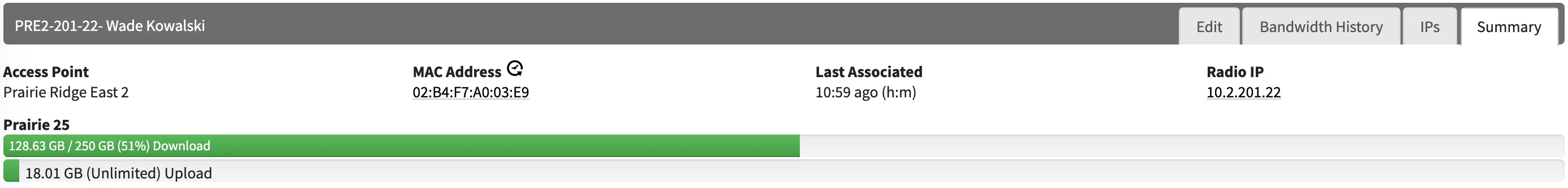 A customer radio's summary bar with live cycle-to-date usage: 128 GB of a 250 GB download cap used, upload unlimited
