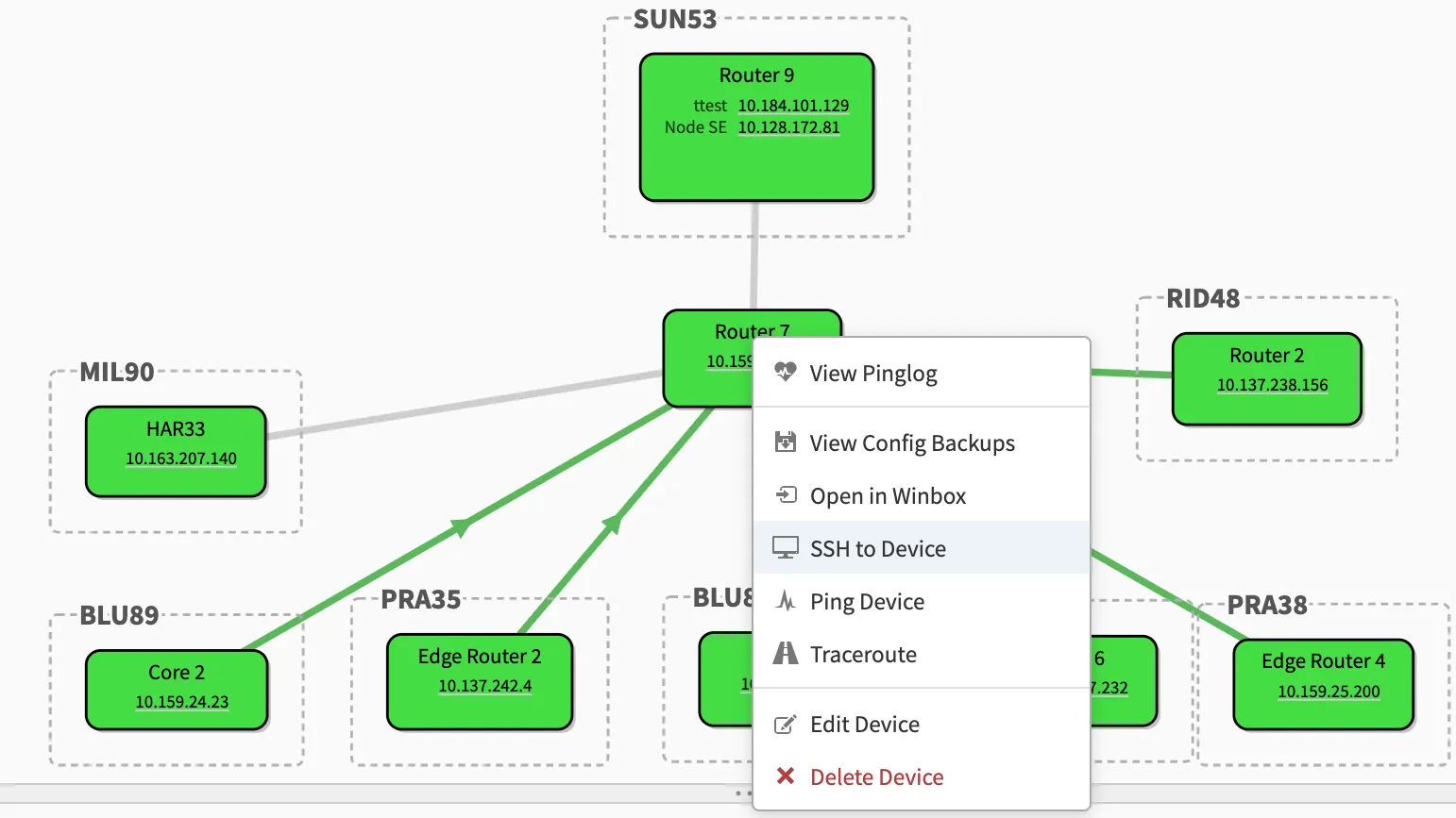 The right-click menu on a router in the network map, with SSH to Device highlighted alongside ping, traceroute, Winbox, pinglog, and config backup actions