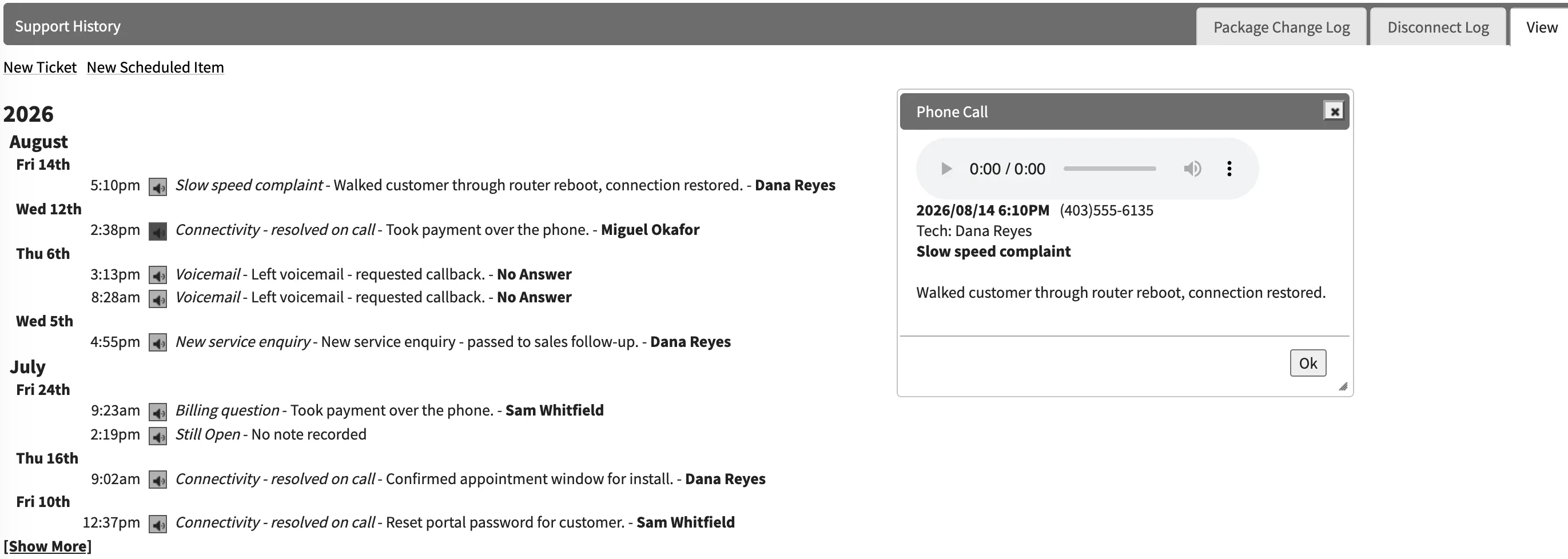 A customer account's support history: recorded calls with categories, resolution notes, and the answering tech, with a playback dialog open on one call