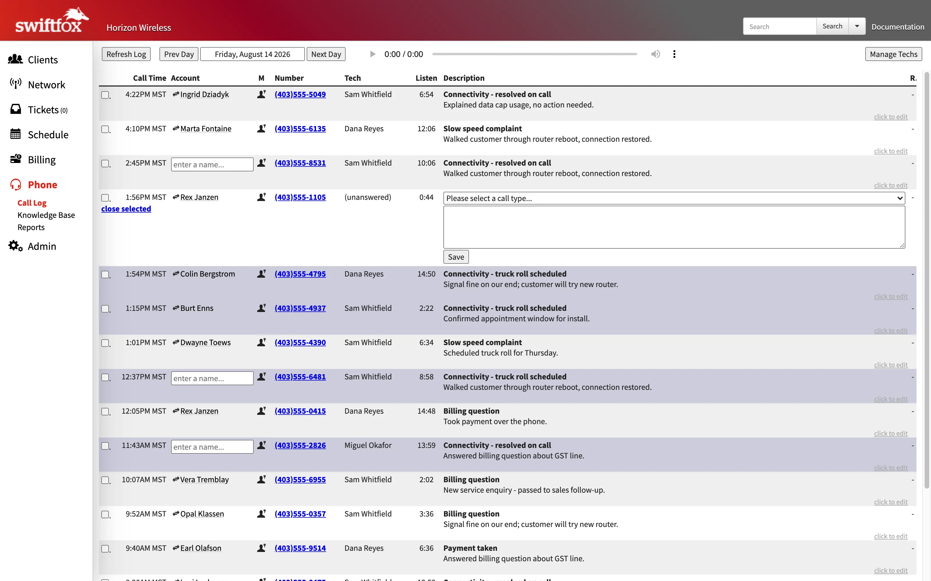 The daily call log: each call with its time, matched customer account, answering tech, duration, and a categorized resolution note — one call mid-edit with its category dropdown open
