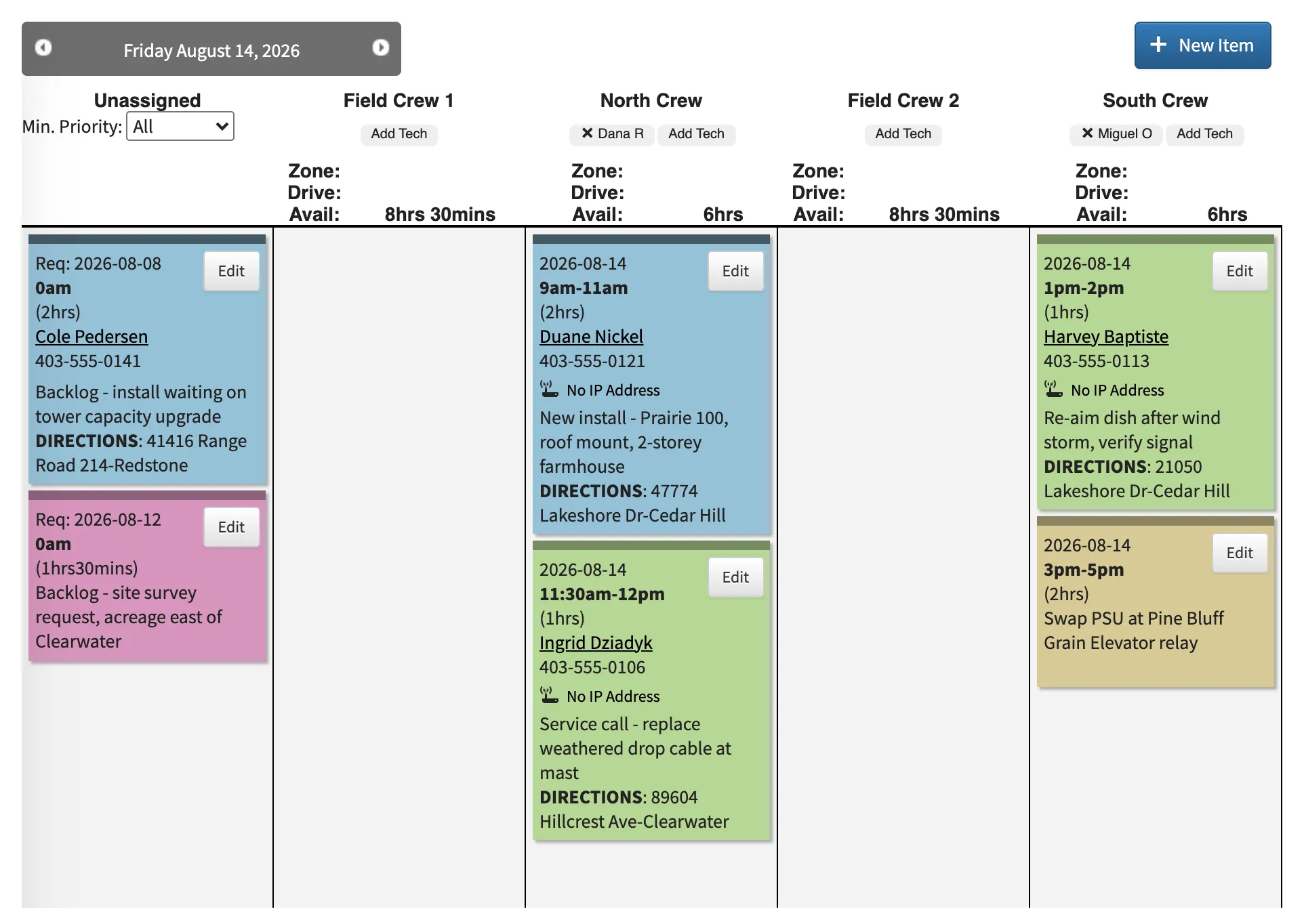 The daily schedule: field crews as columns with colour-coded installs, service calls, and infrastructure work, plus an unassigned backlog