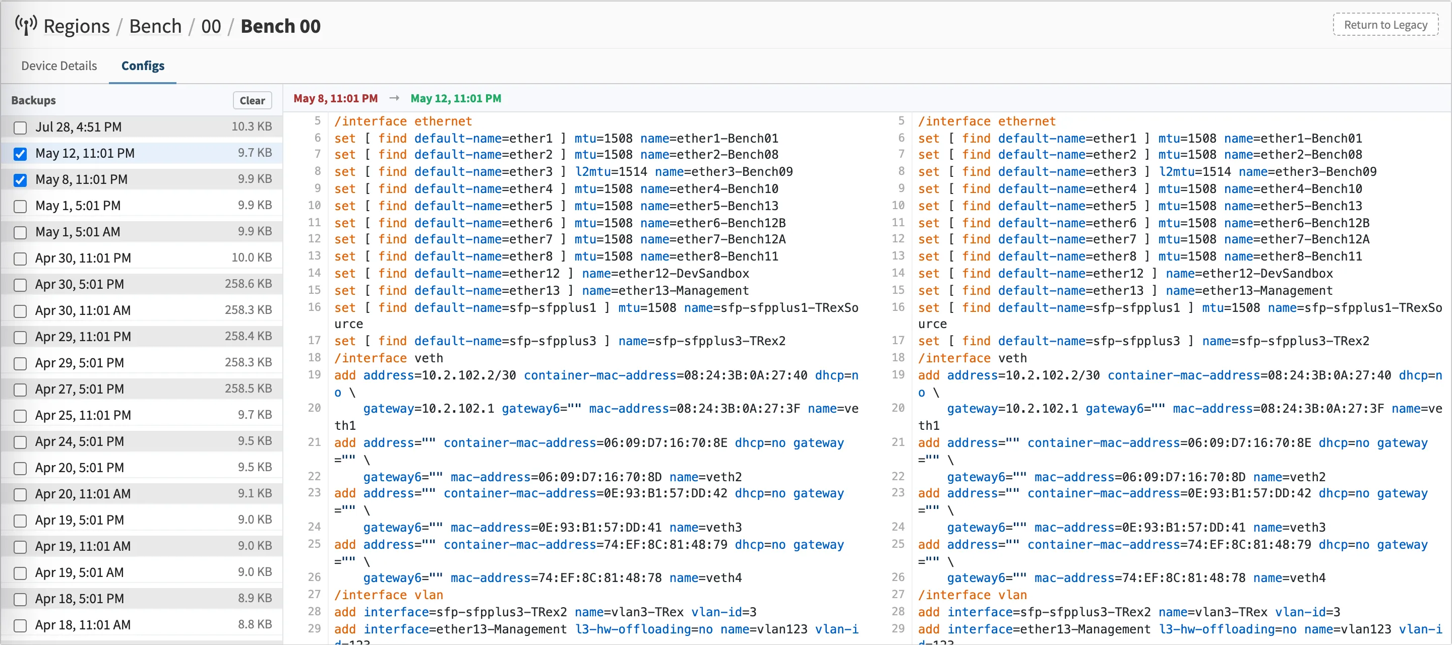 The Configs tab on a router: a list of dated config backups down the side, with two revisions selected and compared side by side in a syntax-highlighted diff