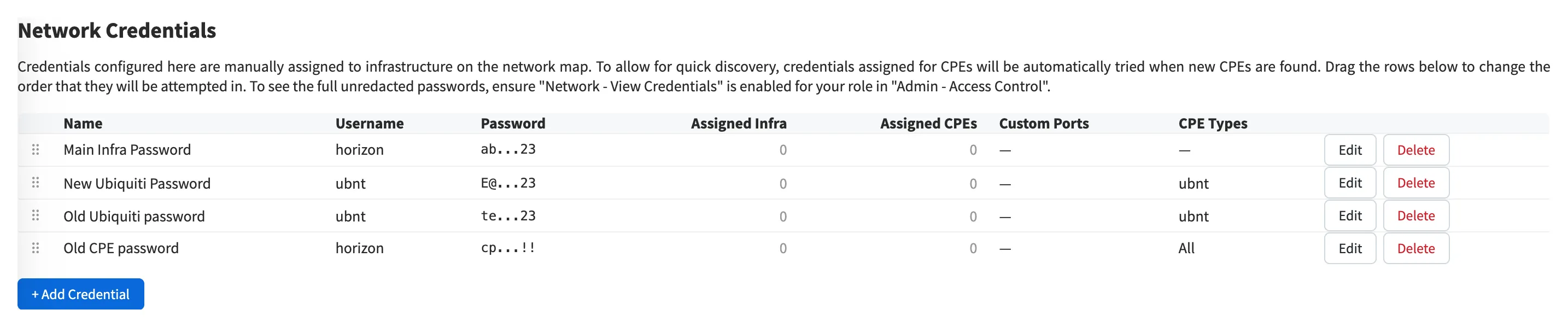 The Network Credentials page: four credentials listed in priority order with drag handles to reorder them, redacted passwords, and per-credential CPE type restrictions