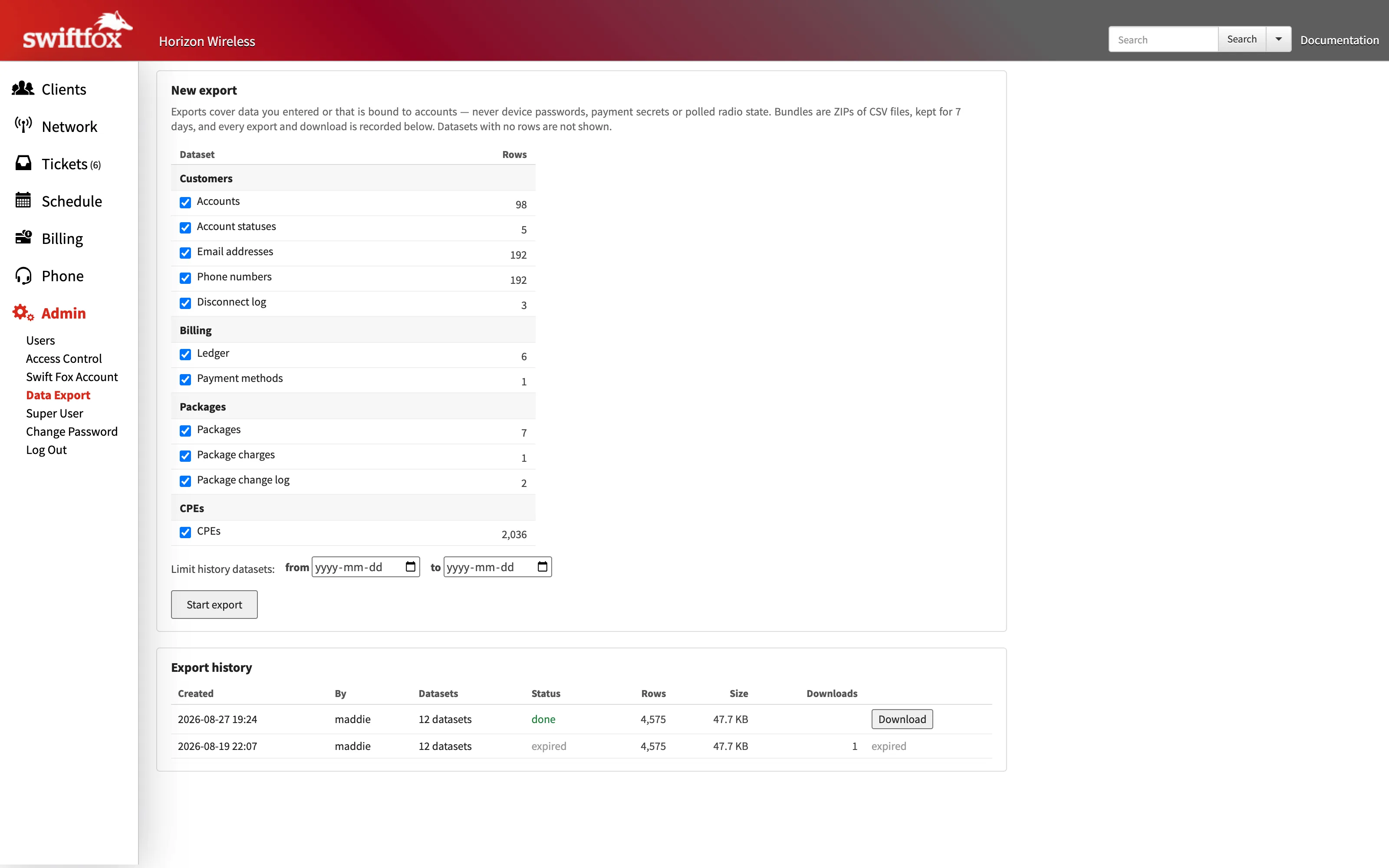 The Data Export page: a dataset picker grouped into Customers, Billing, Packages and CPEs with row counts beside each, a date range for limiting history datasets, and an export history below with a finished export ready to download and an older one expired