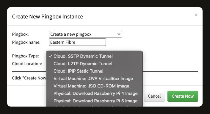 Creating a new pingbox: cloud tunnels, VM images, Raspberry Pi images, or a shipped physical device