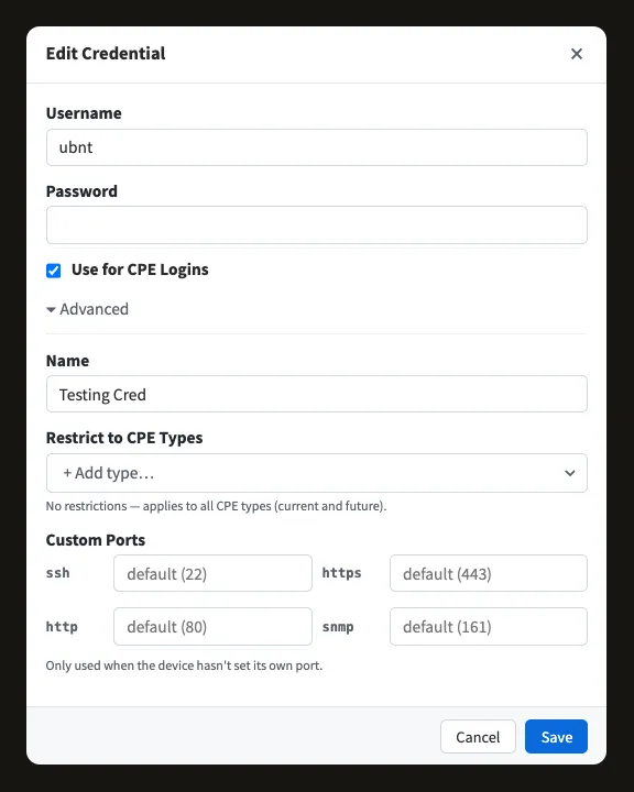 The Equipment Credentials page with the Set CPE Default option