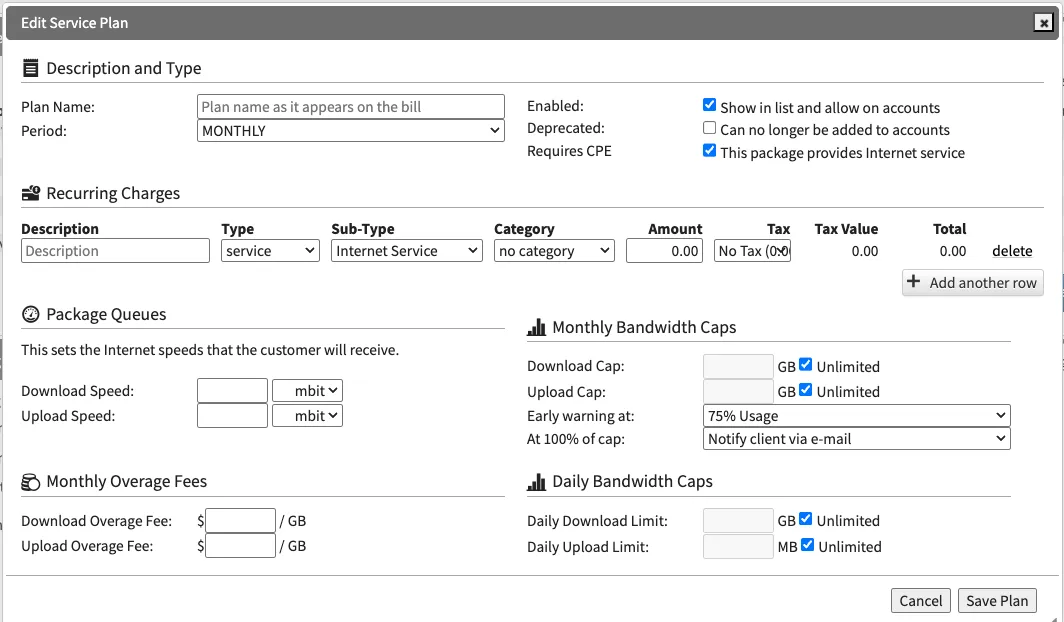 The Edit Service Plan window: plan name and period, recurring charges, package queue speeds, bandwidth caps, and overage fees
