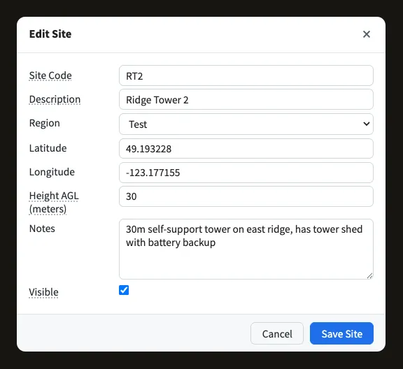 The site dialog on the network map with location and tower details
