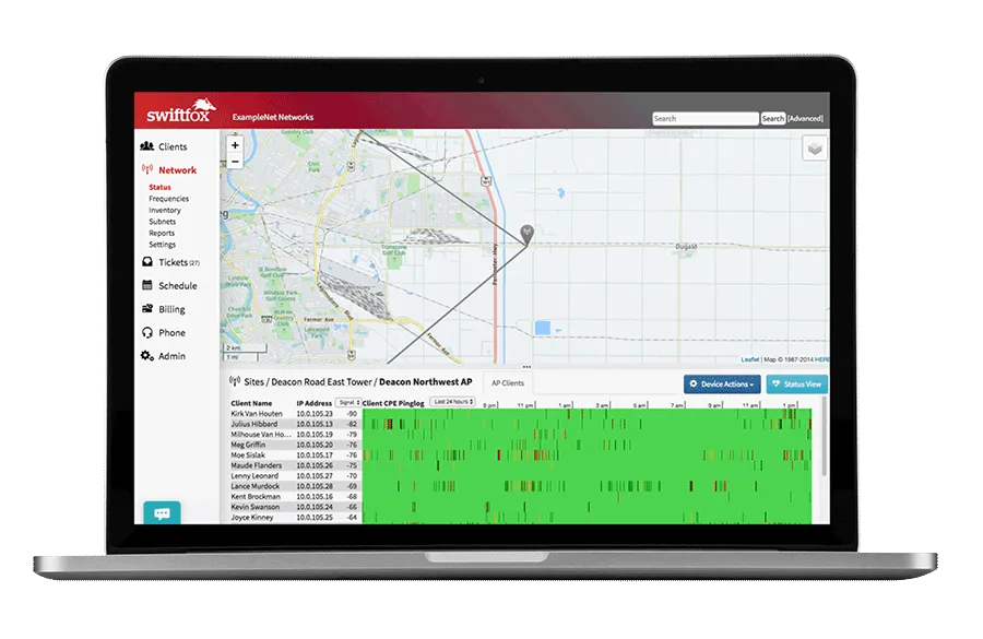 Swift Fox on a laptop: the live network map with an access point pinglog