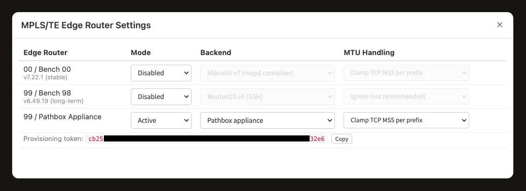 The MPLS/TE Edge Router Settings dialog with per-router mode, backend, and MTU handling dropdowns