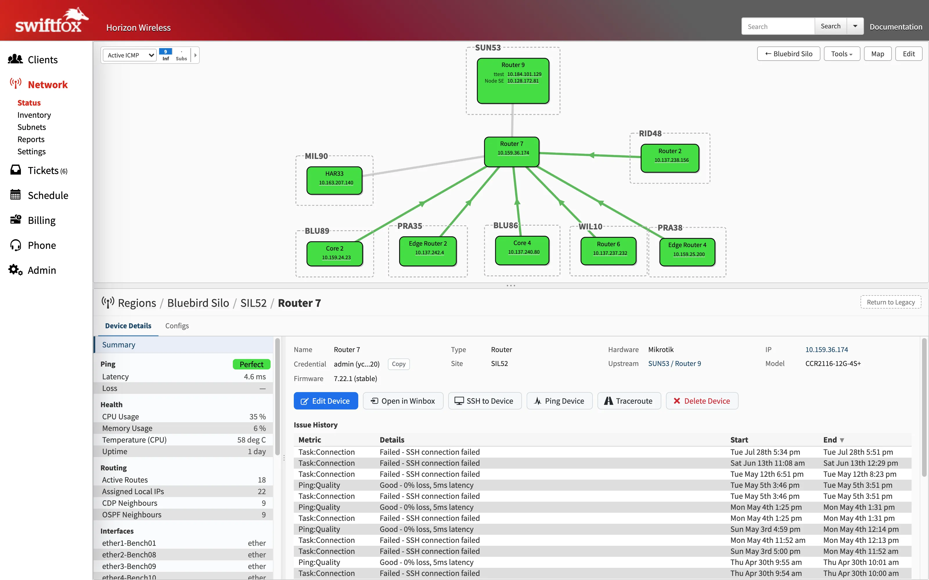 The new network map with a router selected: green backhaul links fan out across sites above, while the device detail pane below shows live ping quality, health metrics, routing counts, and the issue history table