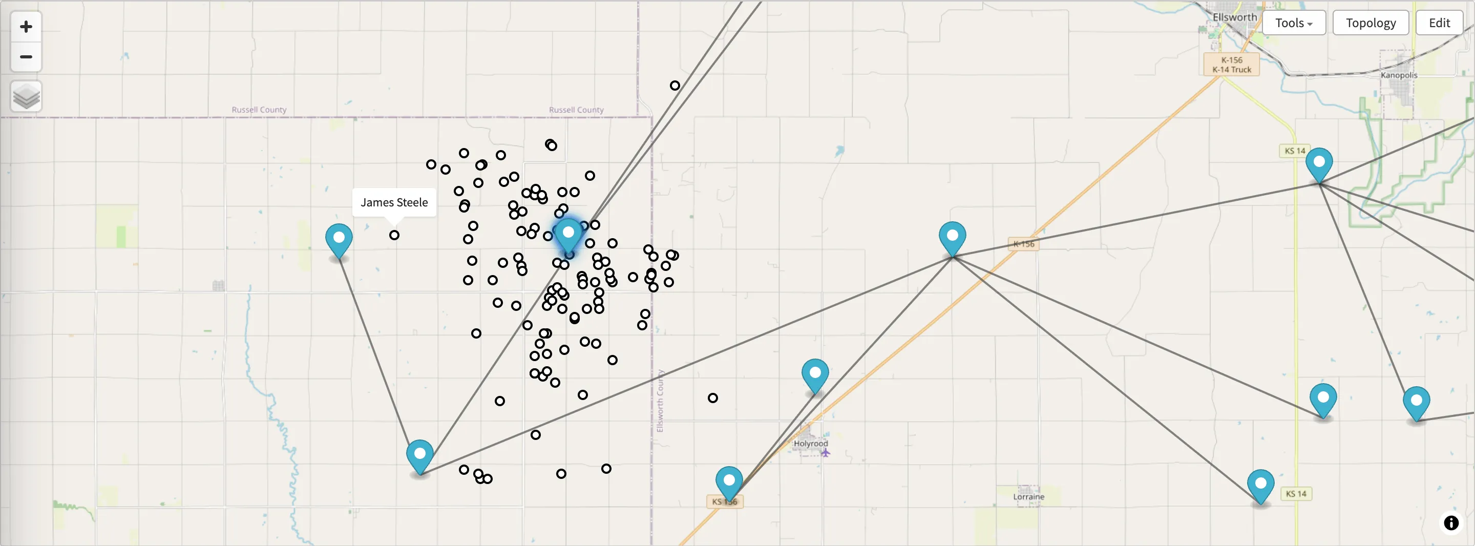The netmap map view: tower sites as blue pins joined by backhaul lines, a cluster of customer dots around one tower, and a hover tooltip showing one customer's name