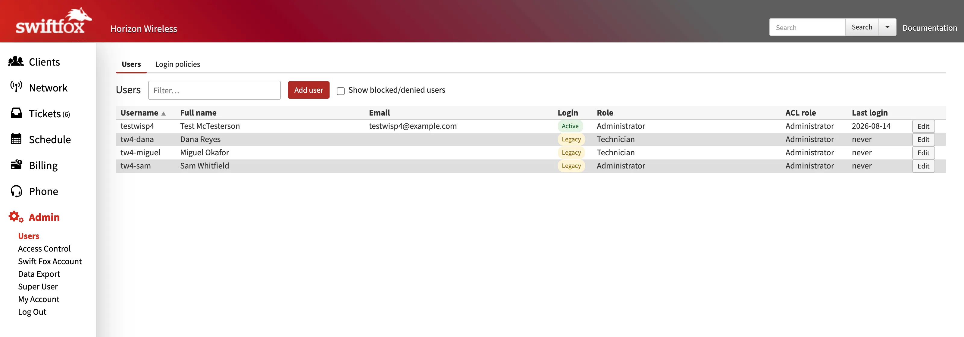 The rebuilt Users admin page: a filterable user list with an Add user button, a Login column showing one user active on the new login and three still on legacy, alongside each user's role and last login, and a Login policies tab beside Users